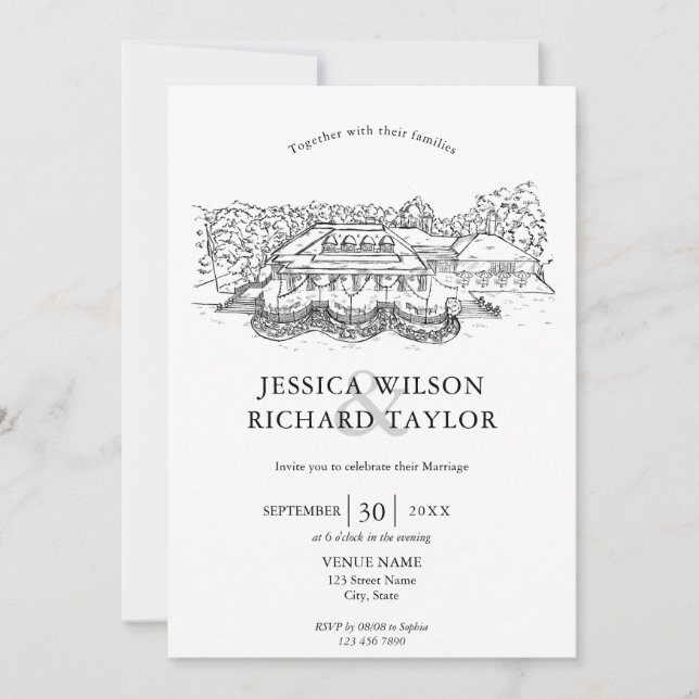 Invitation Mariage d'illustrations du manoir de lieu dessiné  (Devant)