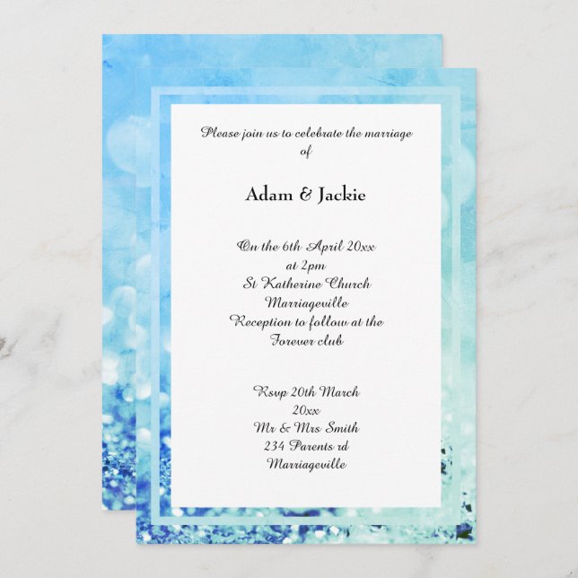 Invitation Mariage D'IMPRESSION AQUA BLEU WHITE LAYE BOKEH (Devant / Derrière)