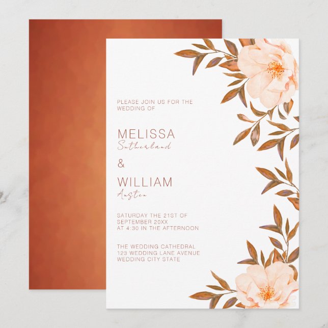 Invitation Mariage d'ivoire floral d'automne (Devant / Derrière)