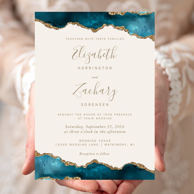 Invitation Mariage d'ivoire moderne Turquoise Or Agate (Créateur téléchargé)