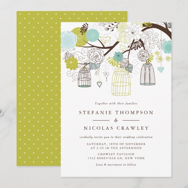 Invitation Mariage d'oiseaux à pendage vert et bleu (Devant / Derrière)