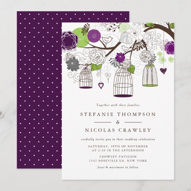 Invitation Mariage d'oiseaux à pendaison violette et verte (Devant / Derrière)