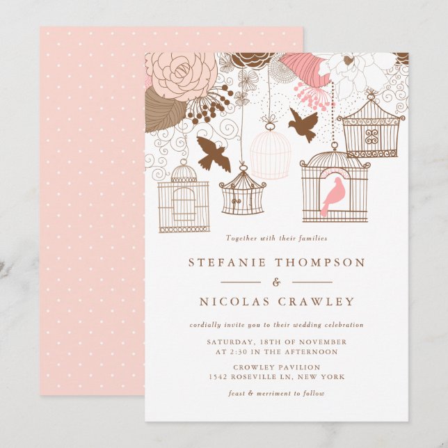 Invitation Mariage d'oiseaux Vintages rose et Brown (Devant / Derrière)