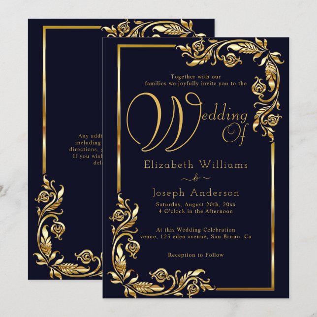 Invitation Mariage d'or à cadre fleuri à budget luxueux (Devant / Derrière)