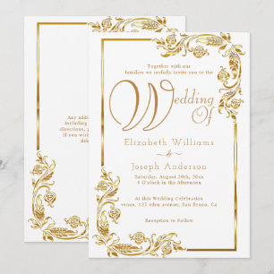 Invitation Mariage d'or à cadre fleuri à budget luxueux