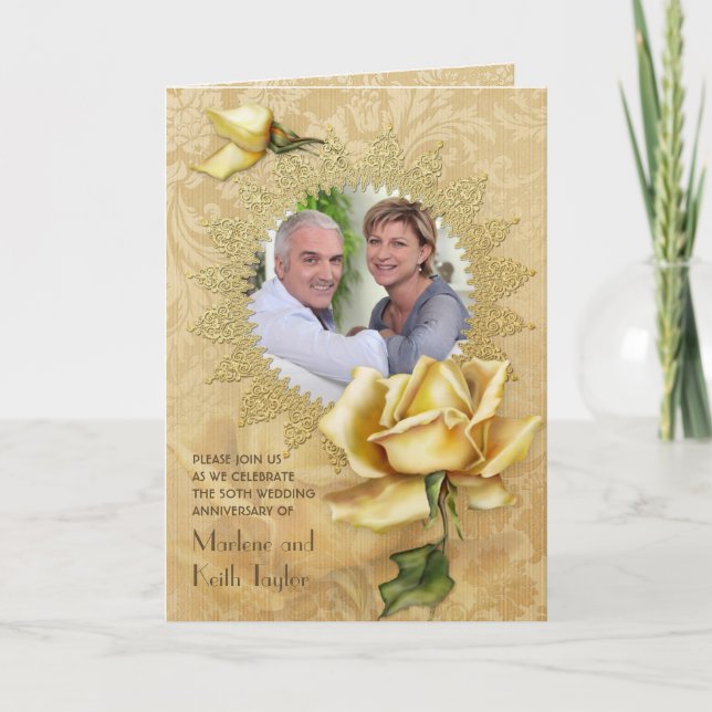 Invitation Mariage d'or A de damassé cinquantième de rose (Devant)