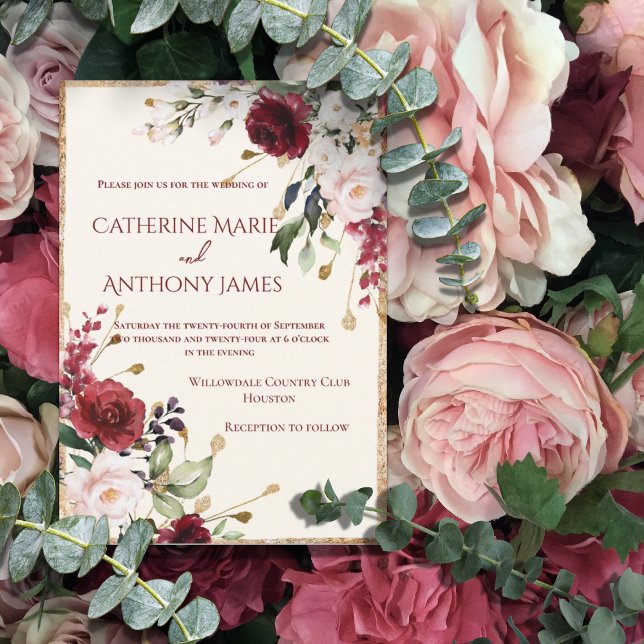 Invitation Mariage d'or à l'aquarelle florale de Bourgogne (Créateur téléchargé)