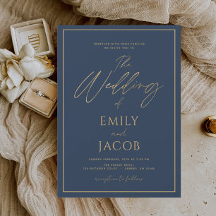 Invitation Mariage d'or bleu marine Script moderne