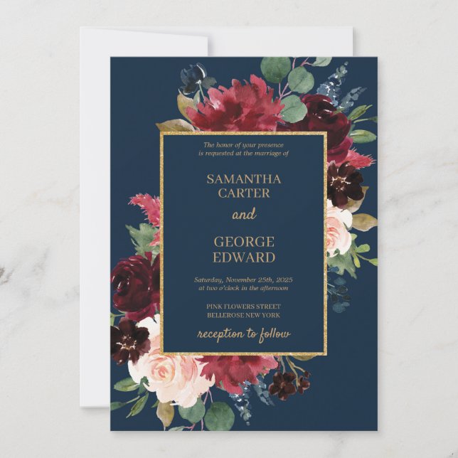 Invitation Mariage d'or boho floral boho de marine et bordeau (Devant)