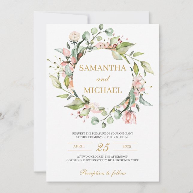 Invitation Mariage d'or boho vert et rose vif (Devant)