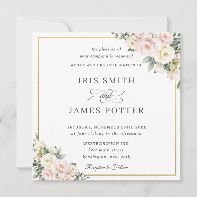 Invitation Mariage d'or floral d'ivoire rose chic (Devant)