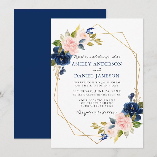Invitation Mariage d'or géométrique bleu rose classique (Devant / Derrière)