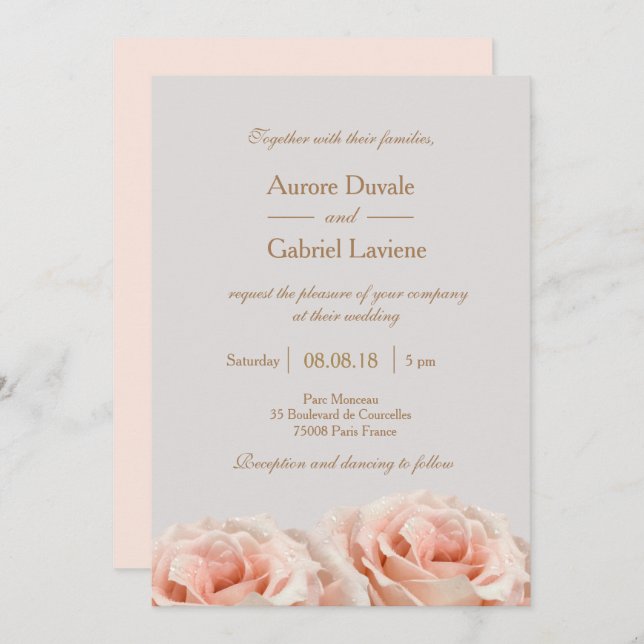 Invitation Mariage d'or gris flou rose pâle Rose (Devant / Derrière)