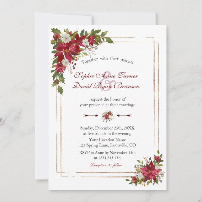 Invitation Mariage d'or moderne hiver rouge blanc Poinsettia (Devant)