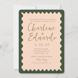 Invitation Mariage d'or Retro Wavy Green Peachy