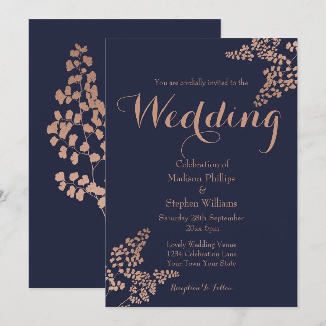 Invitation Mariage d'or Rose et bleu de la marine botanique (Devant / Derrière)