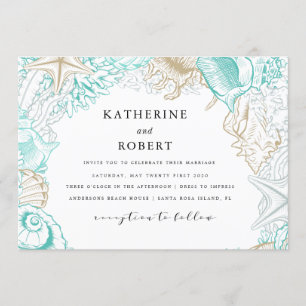 Invitation mariage d'or turquoise côtière balnéaire