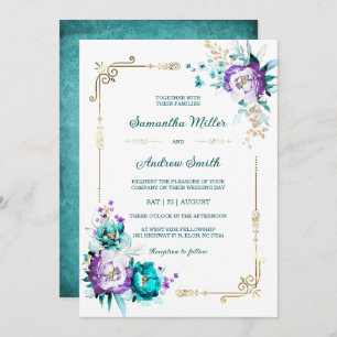 Invitation Mariage d'or Turquoise et violet modifiable