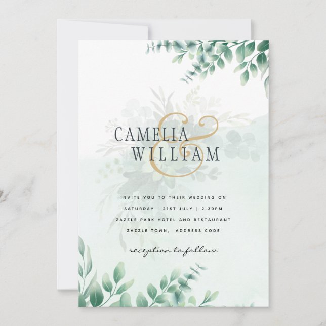 Invitation Mariage d'or vert Eucalyptus Feuille QR CODE (Devant)