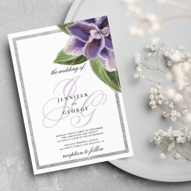 Invitation Mariage d'orchidée de lavande violette parties sci (Silver glitter purple lavender orchid wedding)