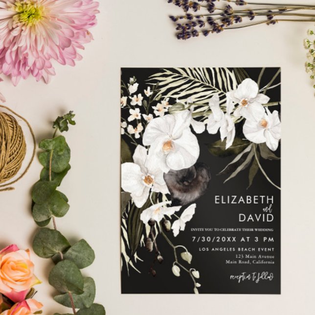 Invitation Mariage d'orchidée florale noir élégant (Créateur téléchargé)