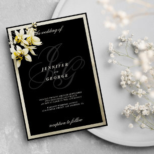 Invitation Mariage d'orchidées avec initiales en ivoire noir