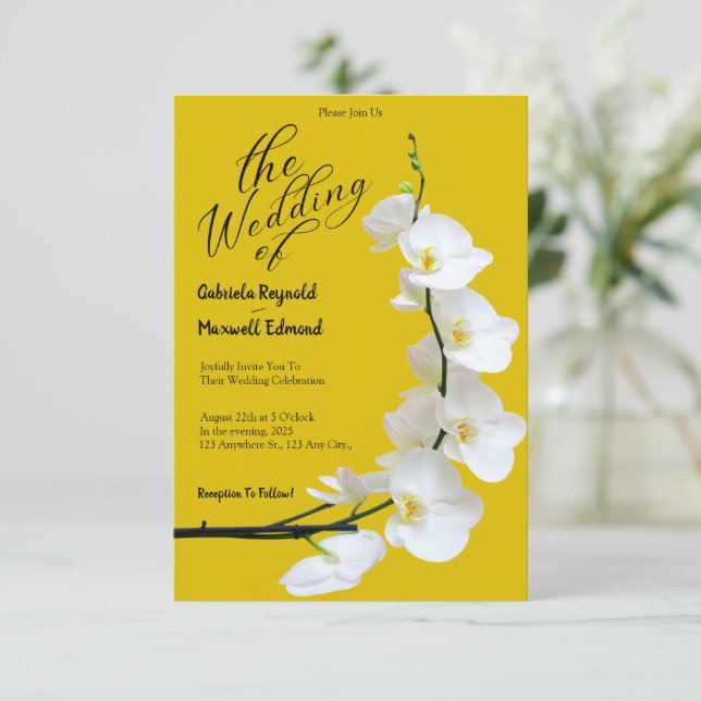 Invitation Mariage d'orchidées florales modernes Jaunes et Bl (Debout devant)
