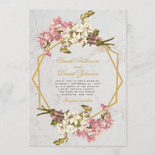 Invitation Mariage d'orchidées rose or en marbre géométrique 