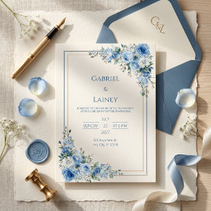 Invitation Mariage Double Cadre Rose Gold Bleu Poussiéreux