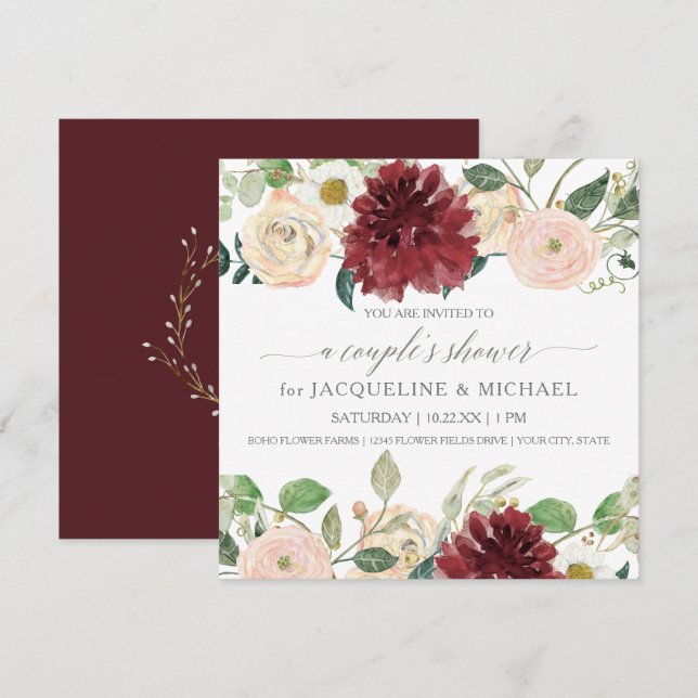 Invitation Mariage Douche Automne Chrysanthème Marsala Rose (Devant / Derrière)