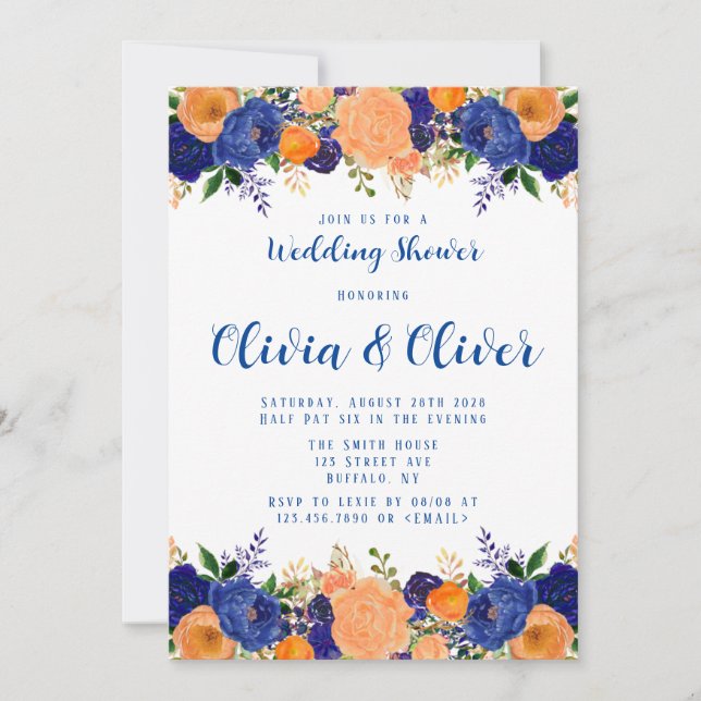 Invitation Mariage douche Fleurs Botaniques Bleu Nuit Orange (Devant)