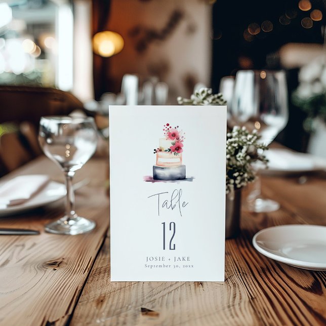 Invitation Mariage doux Tableau Numéro de siège Tableau (Watercolor Wedding Cake Table Number card.)