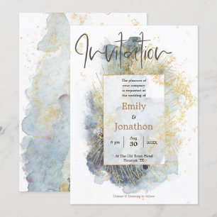 Invitation Mariage Dramatic Blue Ombre Watercolor Gold Lines