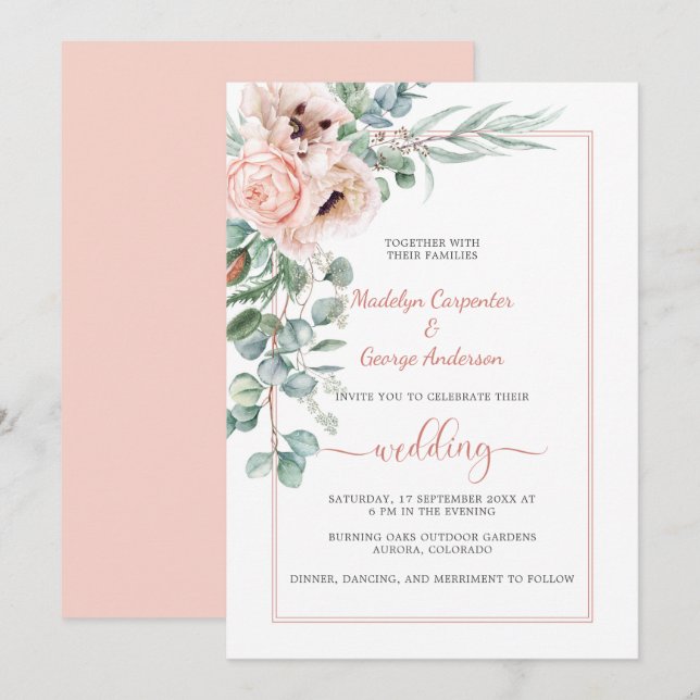 Invitation Mariage du cadre de pavois et de pivoines en ivoir (Devant / Derrière)