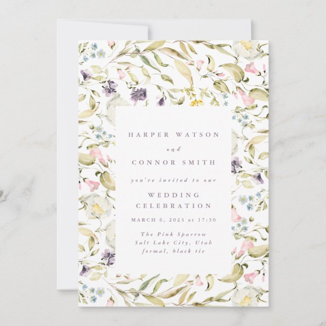 Invitation Mariage du cadre Fleur sauvage d'aquarelle de prin (Devant)