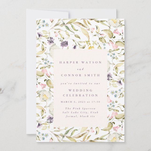 Invitation Mariage du cadre Fleur sauvage d'aquarelle de prin (Devant)