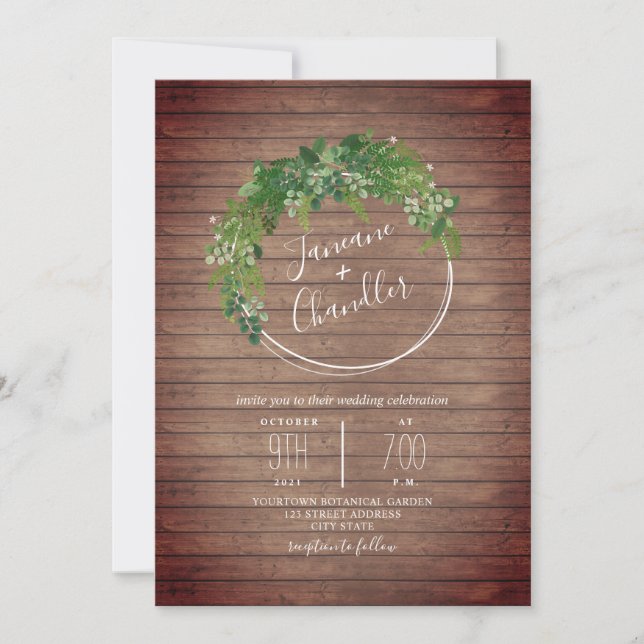 Invitation Mariage du cercle verdoyant de planches à bois (Devant)