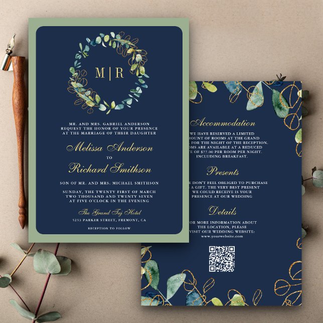 Invitation Mariage du code QR de la couronne d'Eucalyptus ble (Créateur téléchargé)