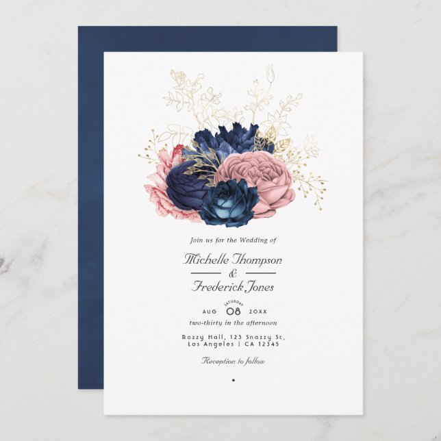 Invitation Mariage du code QR de la marine bleu et rose Roses (Devant / Derrière)
