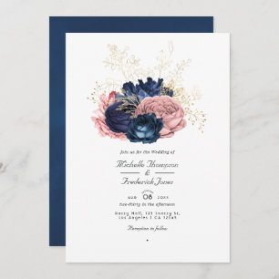 Invitation Mariage du code QR de la marine bleu et rose Roses