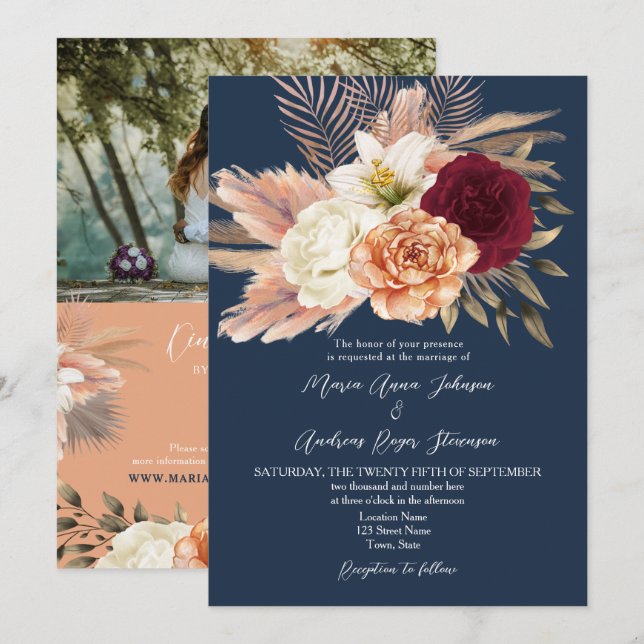 Invitation Mariage du code QR de la marine de Bourgogne (Devant / Derrière)