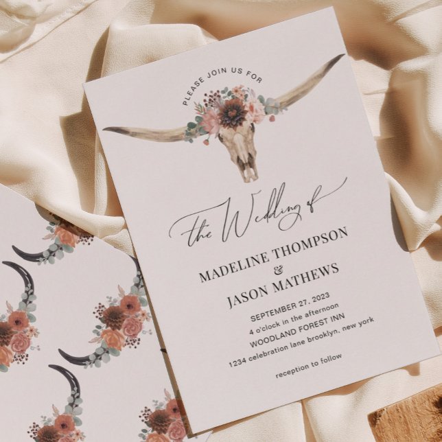 Invitation Mariage du crâne de vache florale de Bohême occide (Créateur téléchargé)