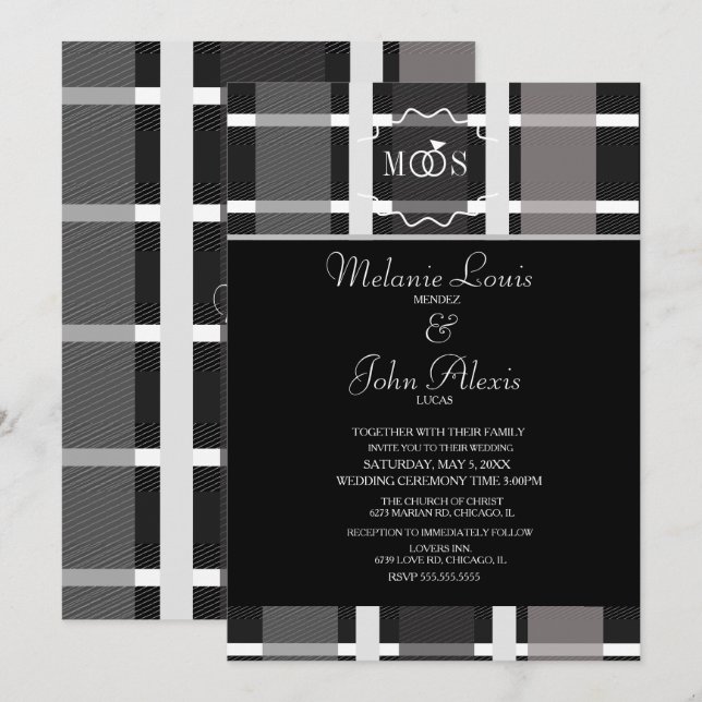 Invitation Mariage du logo de l'anneau moderne gris noir blan (Devant / Derrière)