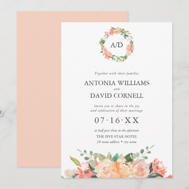 Invitation Mariage du Monogramme de la Pêche Florale d'été (Devant / Derrière)
