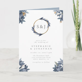 Invitation Mariage du monogramme Dusty Blue Feuilles & Gold P