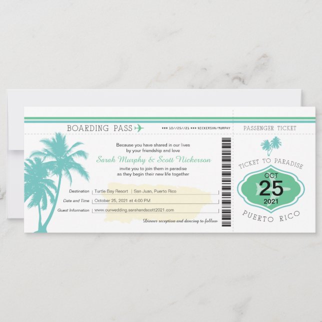 Invitation Mariage du Palm Tree Porto Rico Boarding Pass (Devant)