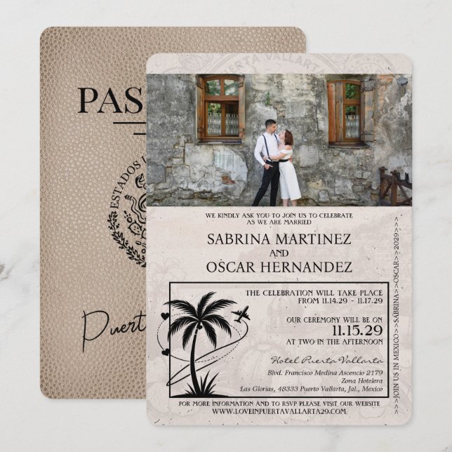 Invitation Mariage du passeport de Beige Puerta Vallarta (Devant / Derrière)
