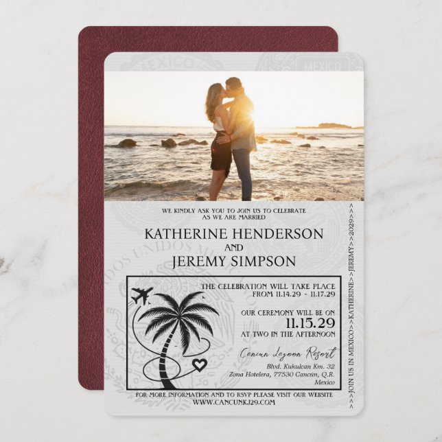 Invitation Mariage du passeport de Cancun en Bourgogne (Devant / Derrière)