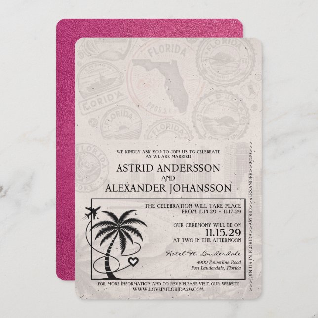 Invitation Mariage du passeport de la Floride Magenta Pink (Devant / Derrière)