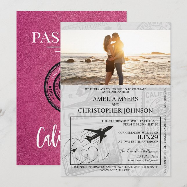 Invitation Mariage du passeport de Magenta California (Devant / Derrière)